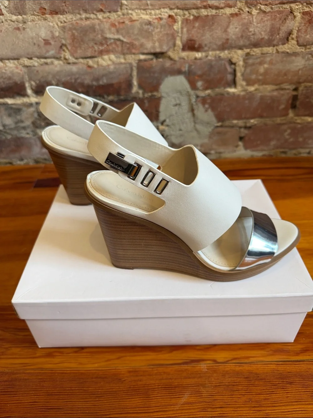 Calvin Klein White and Silver Wedge Sandals with Wood-Look Heel
